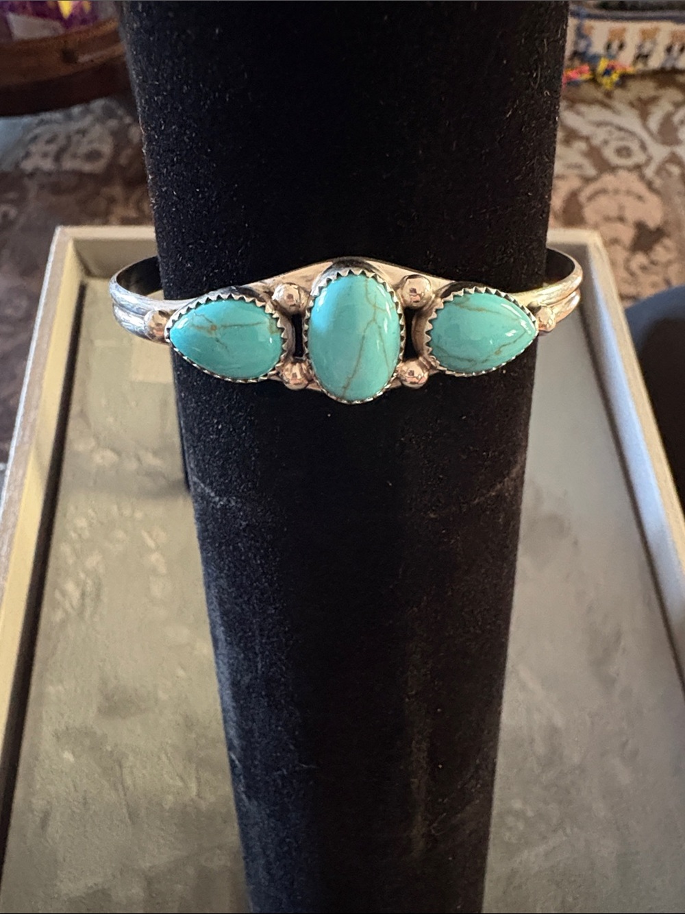 Turquoise 3 Stone Silver Cuff Bracelet - Women Jewelry